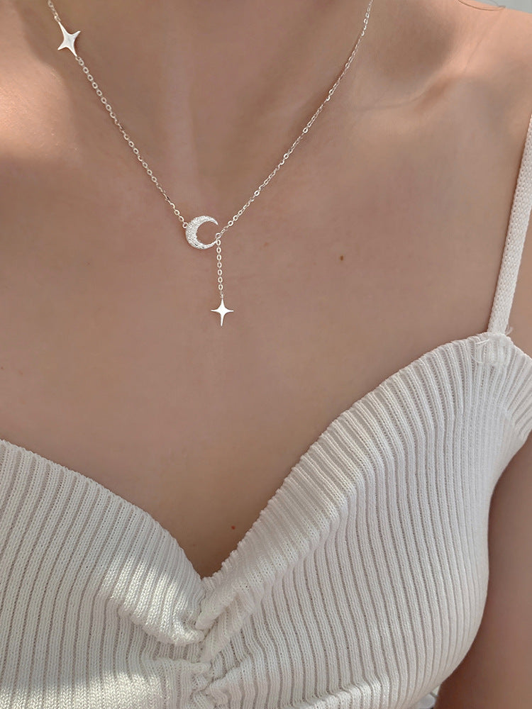 Women's Summer Simple Niche Design Frosted Moon And Star Pendant Clavicle Necklace