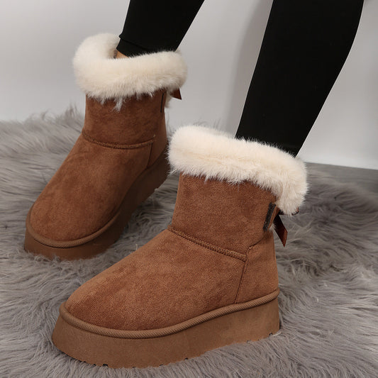 Bottines de neige à nœud papillon pour femme, chaussures chaudes en velours à semelles épaisses, simples, en coton, pour loisirs quotidiens, nouvelle collection hiver