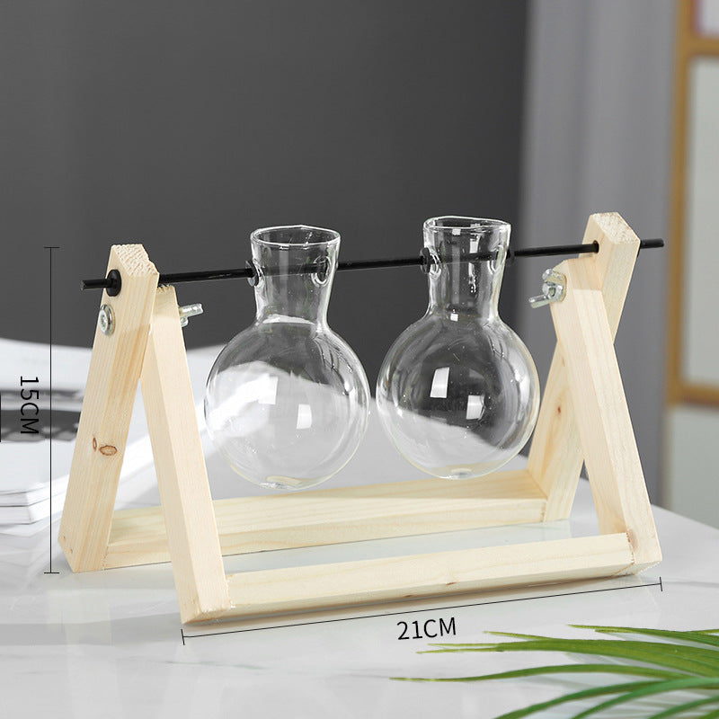 Vase en verre de récipient de plante hydroponique de support en bois d'oscillation