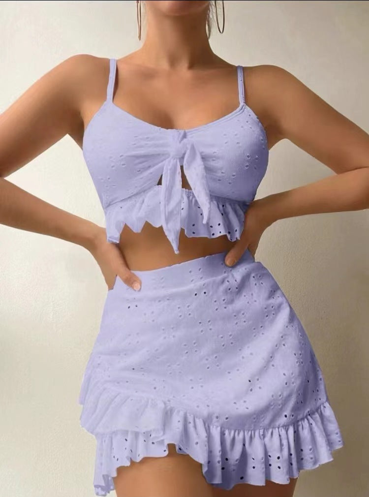 Bikini de playa de 3 uds con falda que abraza la cadera, conjunto de traje de baño con diseño de volantes, ropa de verano para mujer