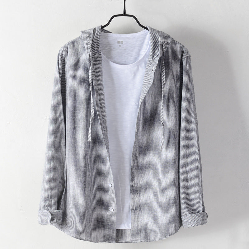 Men's Cotton And Linen Casual Hooded Long-sleeved Shirt