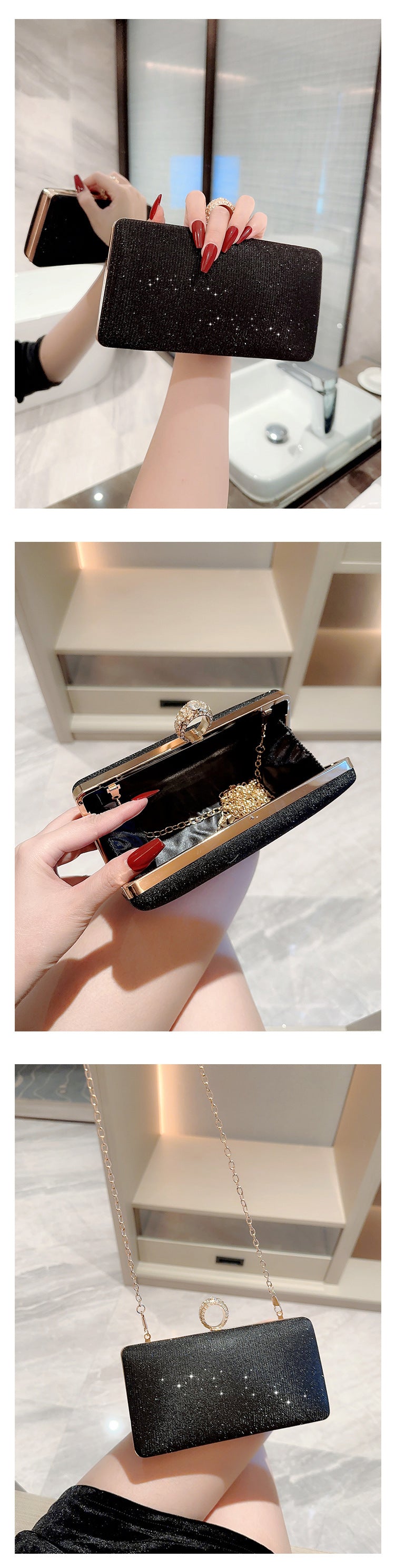 Portefeuille brillant avec anneau en strass à la mode