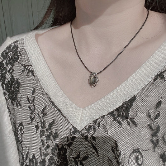 925 Thai Silver Natural Obsidian Pendant Necklace