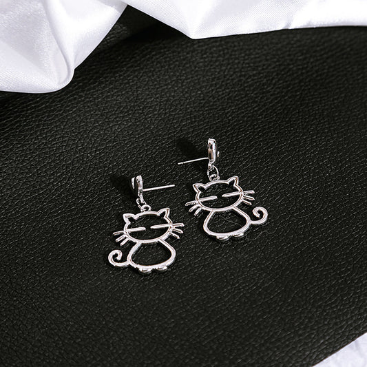 Boucles d'oreilles en métal à aiguille argentée, tempérament de chat mélancolique, asymétriques simples