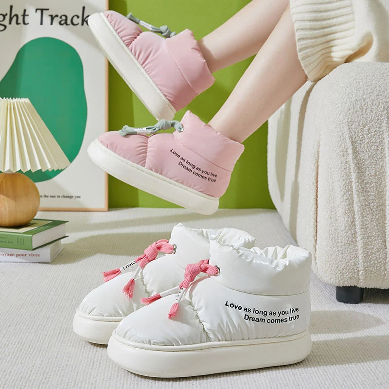 Chaussures d'hiver en coton avec cordon de serrage, bottes de neige épaisses et imperméables en peluche pour femme, confortables, semelle souple, bottines chaudes