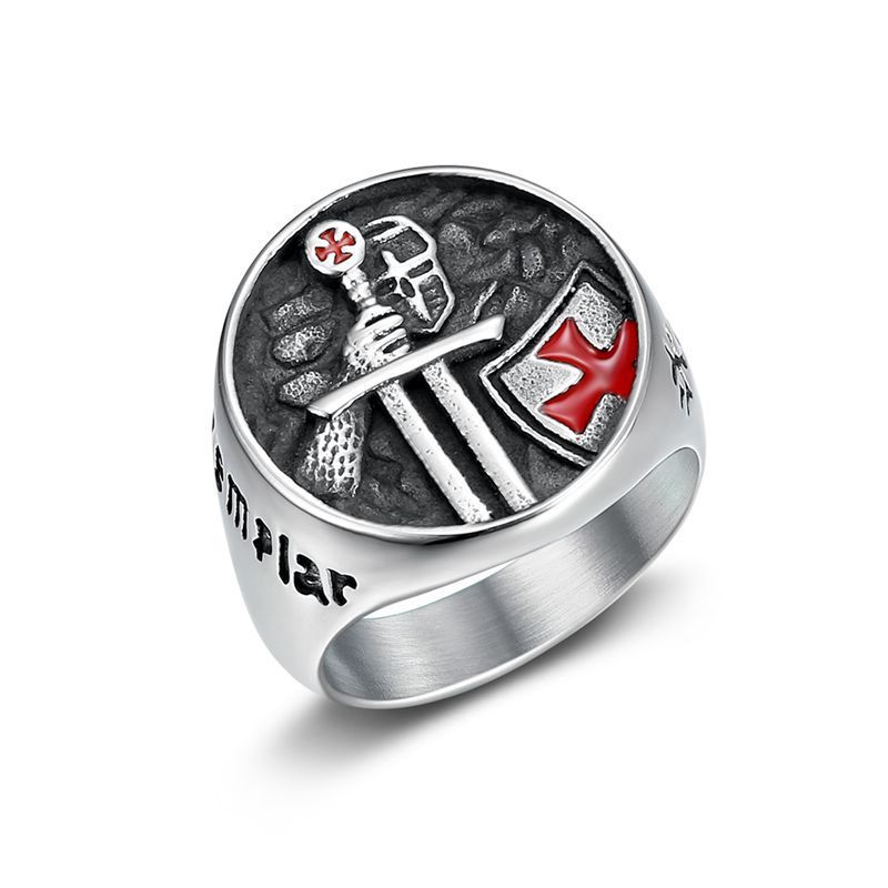 Bague pour hommes en acier titane templier templier samouraï inscription croix époxy rouge