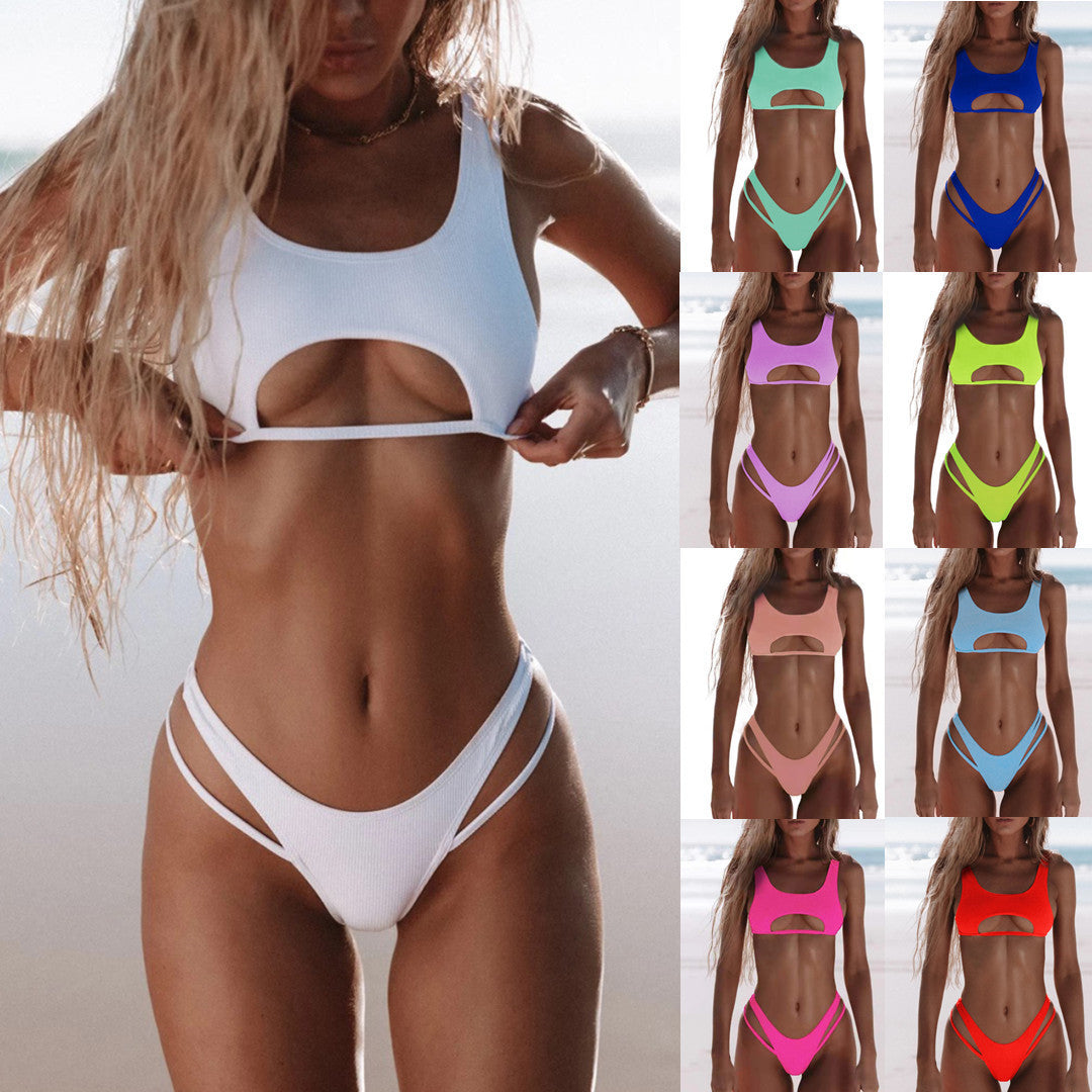 Bikini femme couleur unie maillot de bain fendu creux serpent tissu maillots de bain