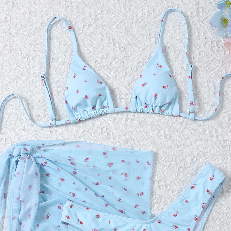 Maillot de bain imprimé style plage pour femmes, ensemble trois pièces
