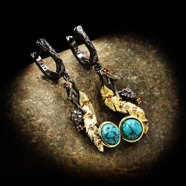 Plant Flower Series Two-color Black Gold Turquoise Ring Necklace