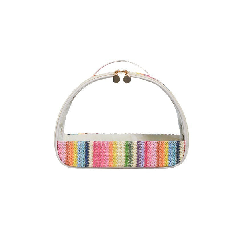 Sac à cosmétiques en PVC Transparent tissé en paille, sac à cosmétiques en demi-cercle, sac de rangement de produits de toilette tissé arc-en-ciel imperméable