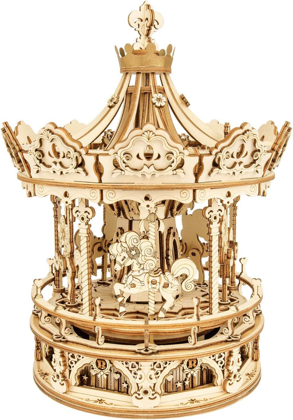 Robotime Rokr 3D Puzzles en bois Kit de modèle de construction DIY Boîte à musique Kits de construction rotatif - Carrousel romantique
