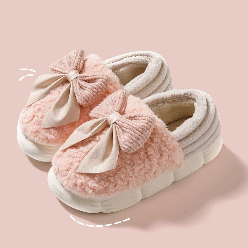 Zapatillas mullidas con Nudo De Lazo Grande Zapatos De Algodón con Tacón Cubierto Cálido De Invierno Zapatillas De Plataforma De Suela Gruesa De Moda Zapatos para Caminar En El Jardín Interior Y Exterior