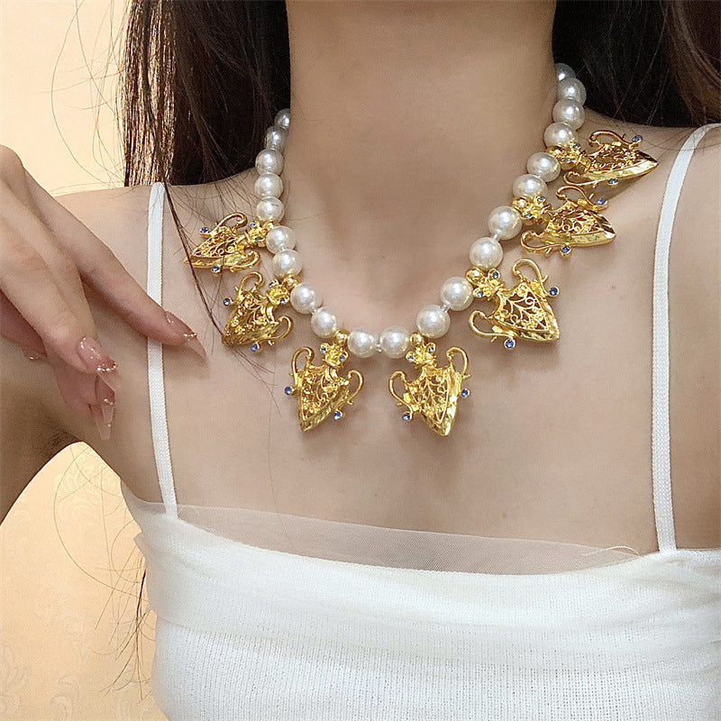 Cour Vintage Gravure Métal Strass Perle Boucles D'oreilles Femme