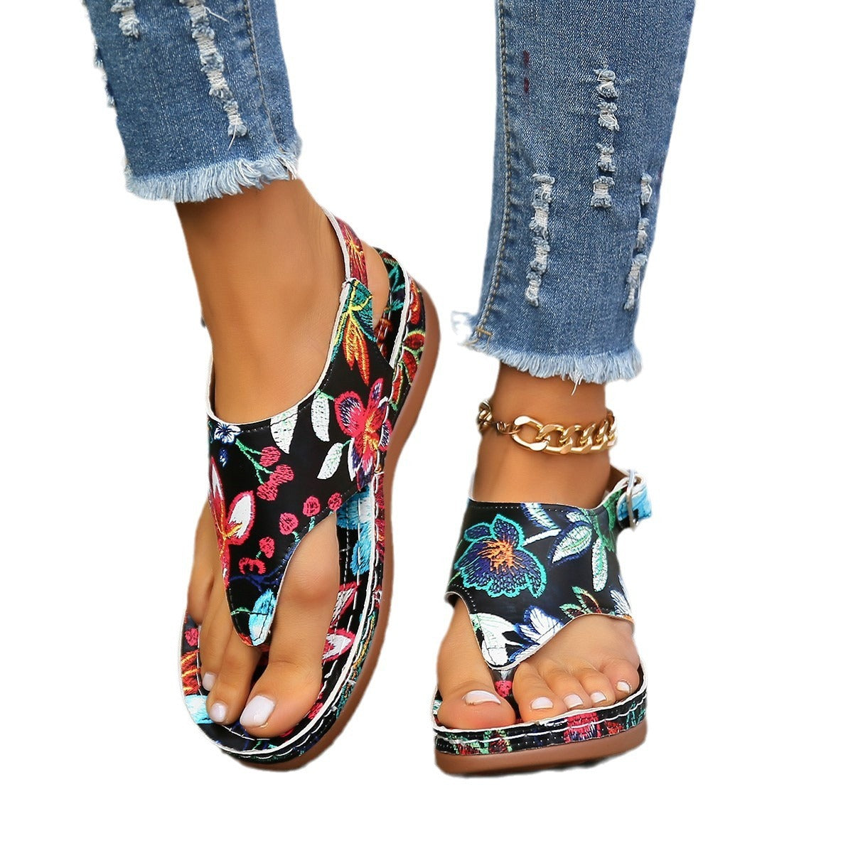 Sandales à chevrons style ethnique brodé fleur arrière boucle compensée