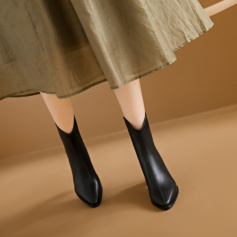 Bottes à talons hauts en cuir véritable pour femmes, bout pointu, talons épais blancs