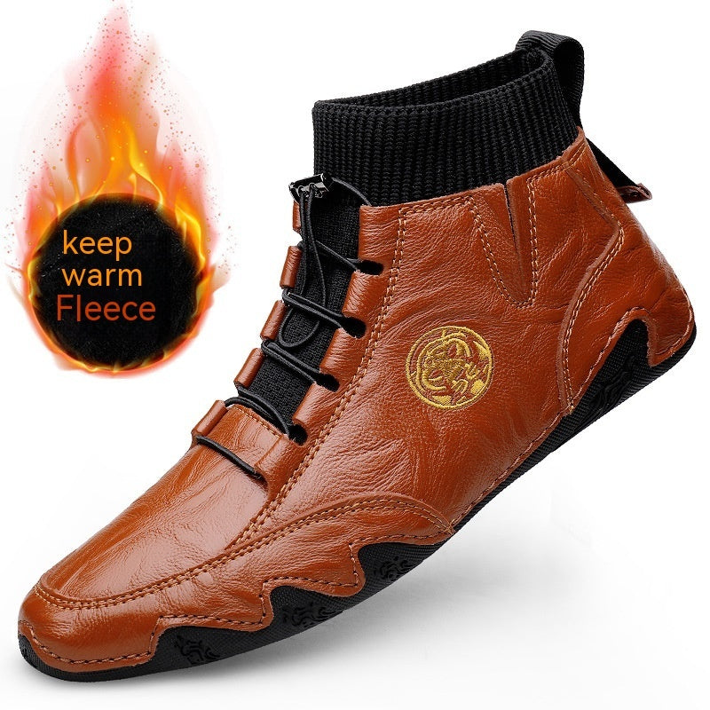 Real Leather With Fleece Lining Mid-top Wool Socks Mouth Octopus Leather Boots