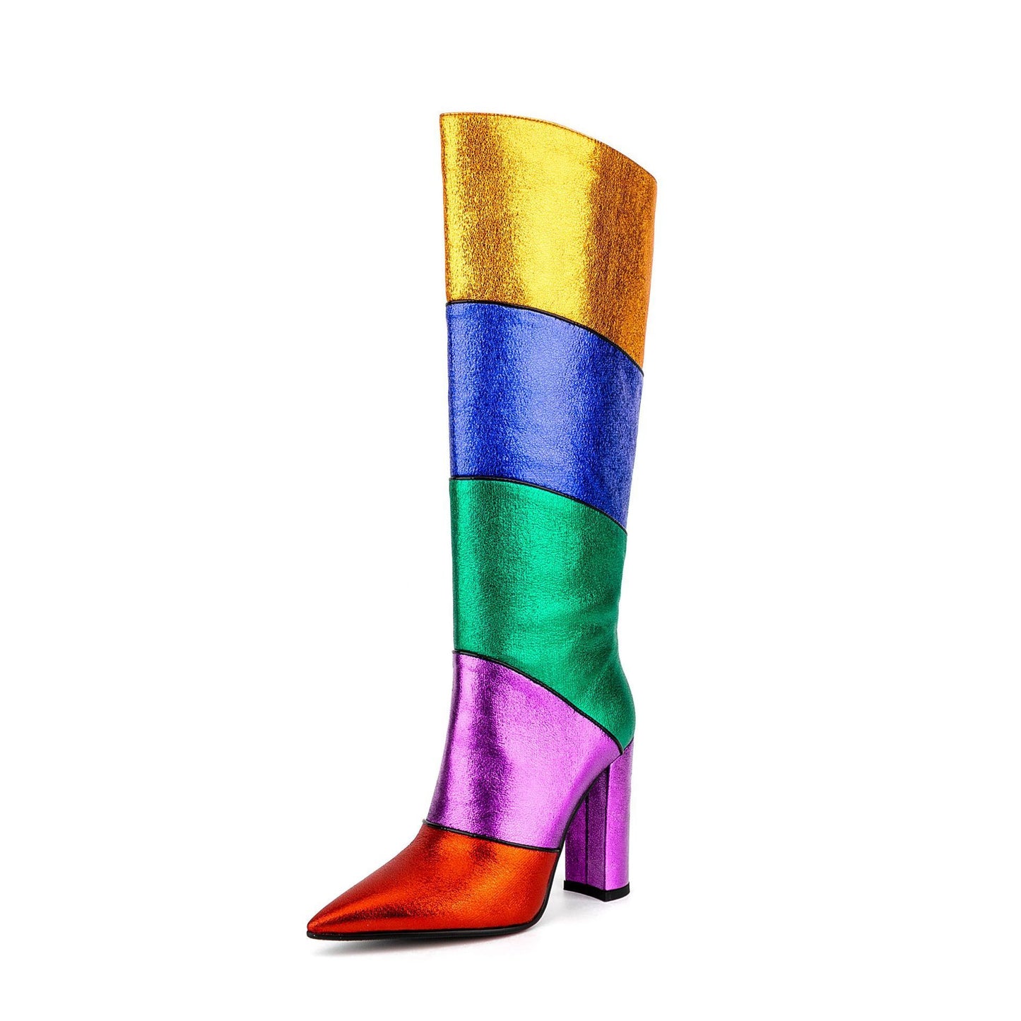 Bottes du milieu à talons épais et pointus en métal arc-en-ciel avec carte tribale