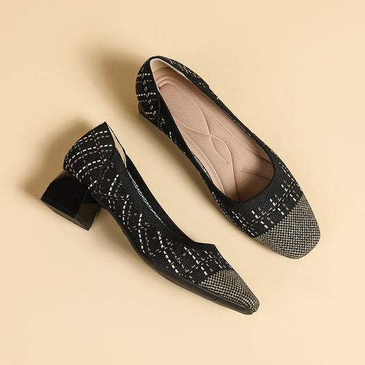 Zapatos de princesa tejidos voladores con tacón medio y corte bajo, punta cuadrada, estilo clásico, bloqueo de Color, seda dorada, nuevo