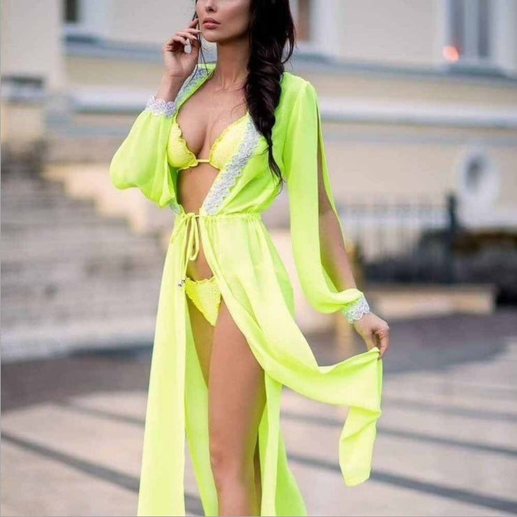 Blusa con cordones y perspectiva dividida de encaje de manga larga para mujer