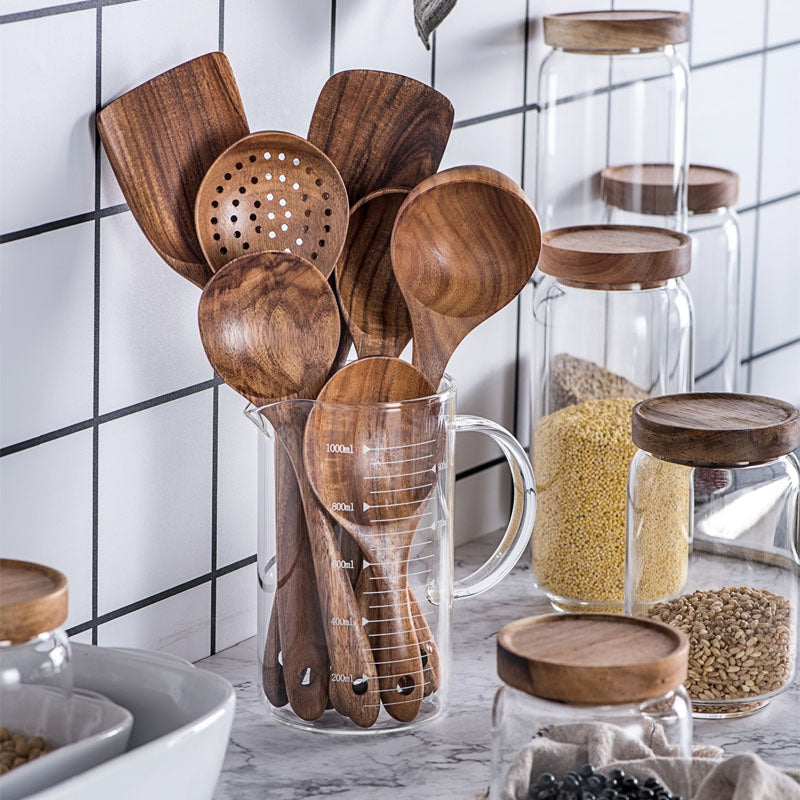 Vaisselle en bois naturel de teck de thaïlande, cuillère louche tourneuse longue passoire à riz écumoire cuillères de cuisine cuillère ensemble d'outils de cuisine