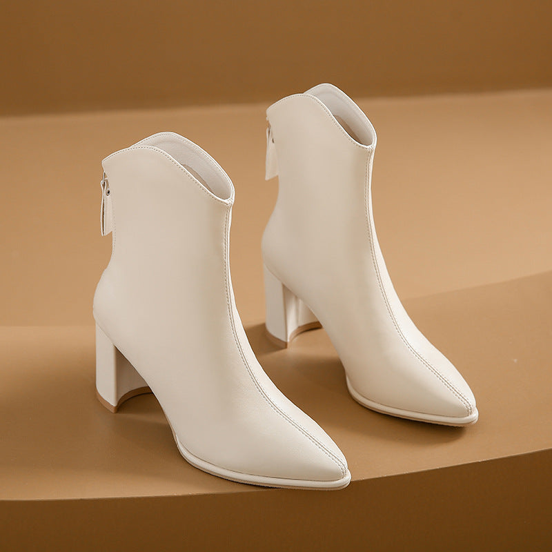 Bottes à talons hauts en cuir véritable pour femmes, bout pointu, talons épais blancs