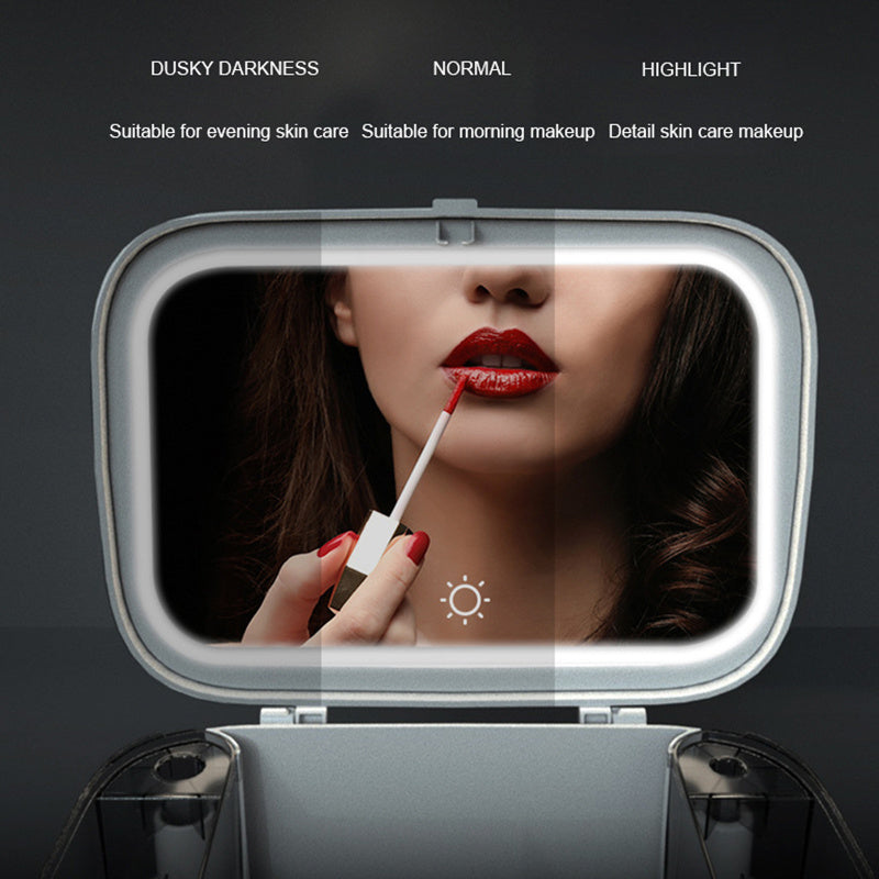 Organizador de maquillaje con espejo, estante de joyería de gran capacidad con luz LED