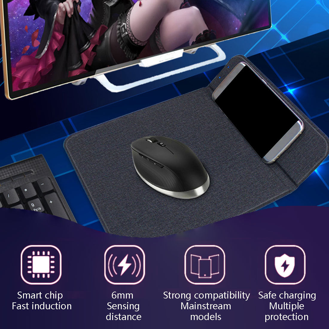 Tapis de souris de chargement sans fil 2 en 1, support de chargeur, tapis de souris de chargement antidérapant