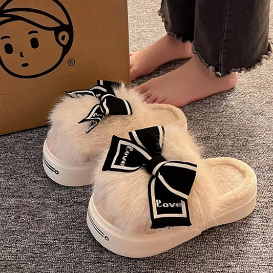 Pantoufles en coton à talons hauts pour la maison et l'extérieur, demi-paquet d'arc