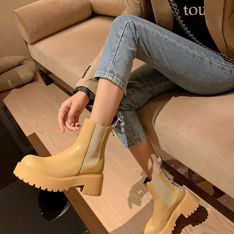 Bottes Martin à bout rond en cuir à talons hauts épais de style coréen pour femmes