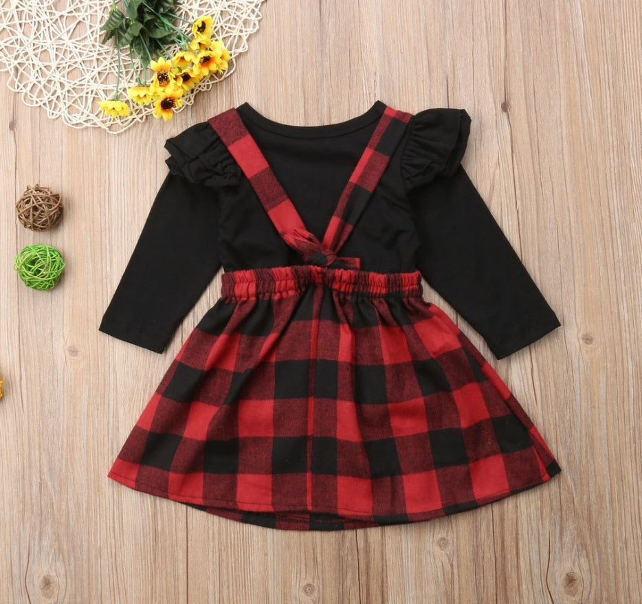Plate-forme de commerce extérieur, nouvelle taille pour filles, robe noire à manches longues et bretelles à carreaux, ensemble deux pièces, vente en gros d'usine
