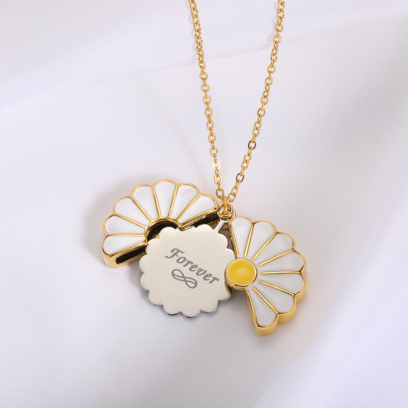 Daisy Stainless Steel Blank Inscription Necklace SUNFLOWER Gold Pendant Drop Oil Chrysanthemum Necklace