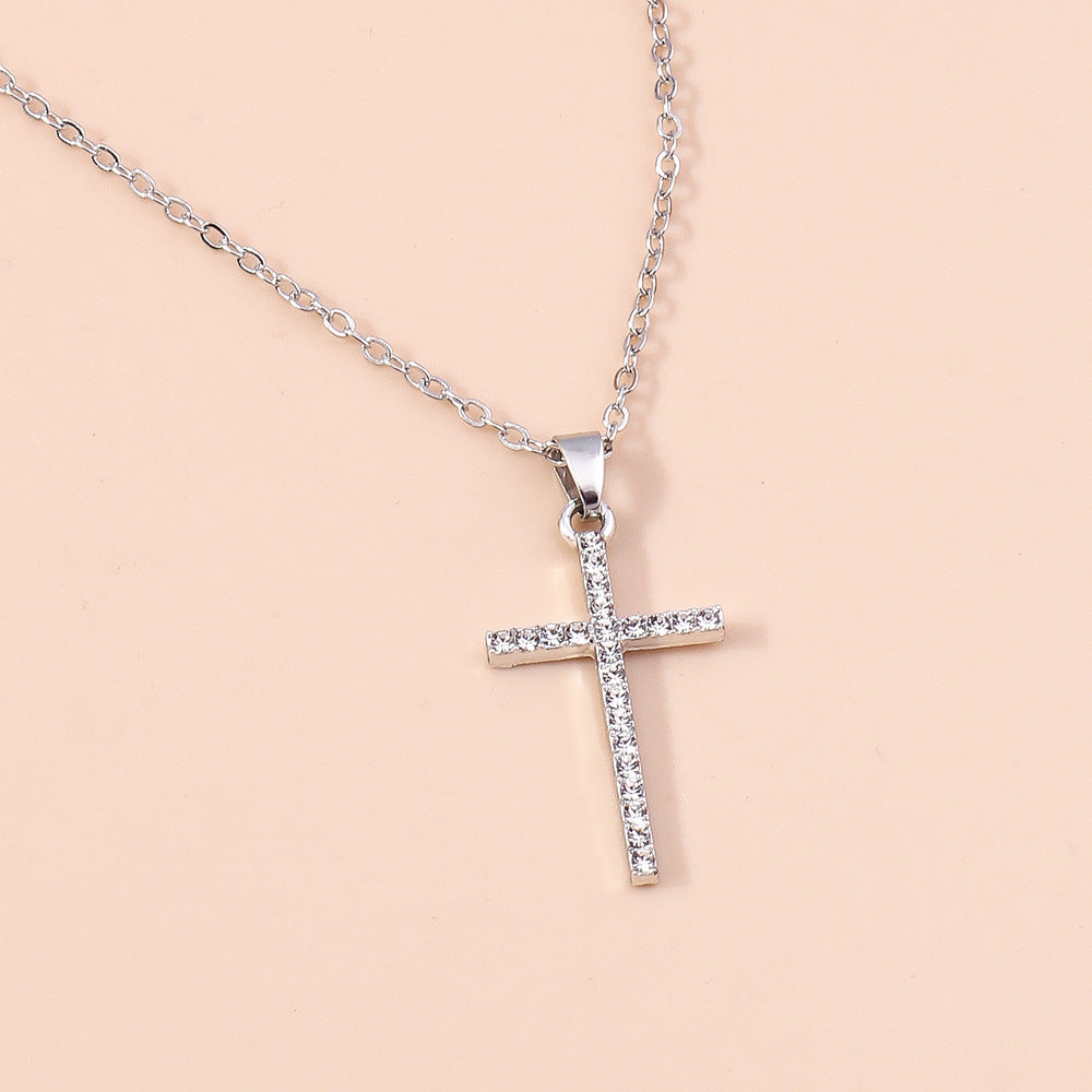Fashion Simple Women's Diamond Spot Drill Hollow Cross Sweater Chain Necklace