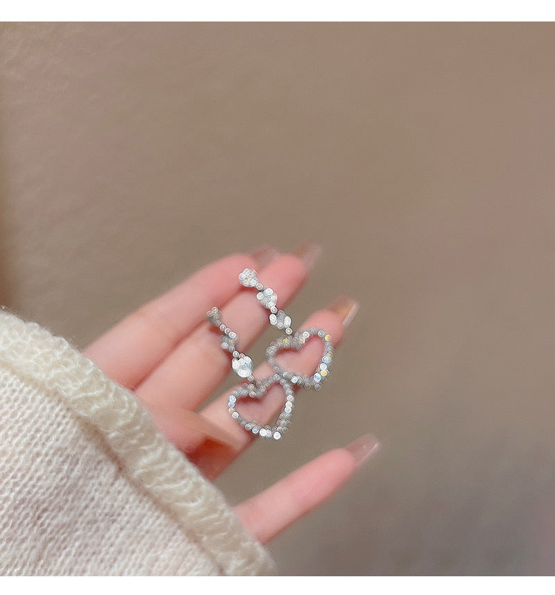 Boucles d'oreilles en argent Sterling pour femmes, aiguille scintillante, strass complets, cœur d'amour, Ins