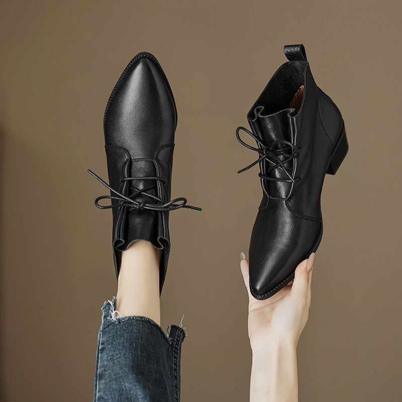 Bout pointu dentelle talon épais talon moyen cuir de vache bottes martin