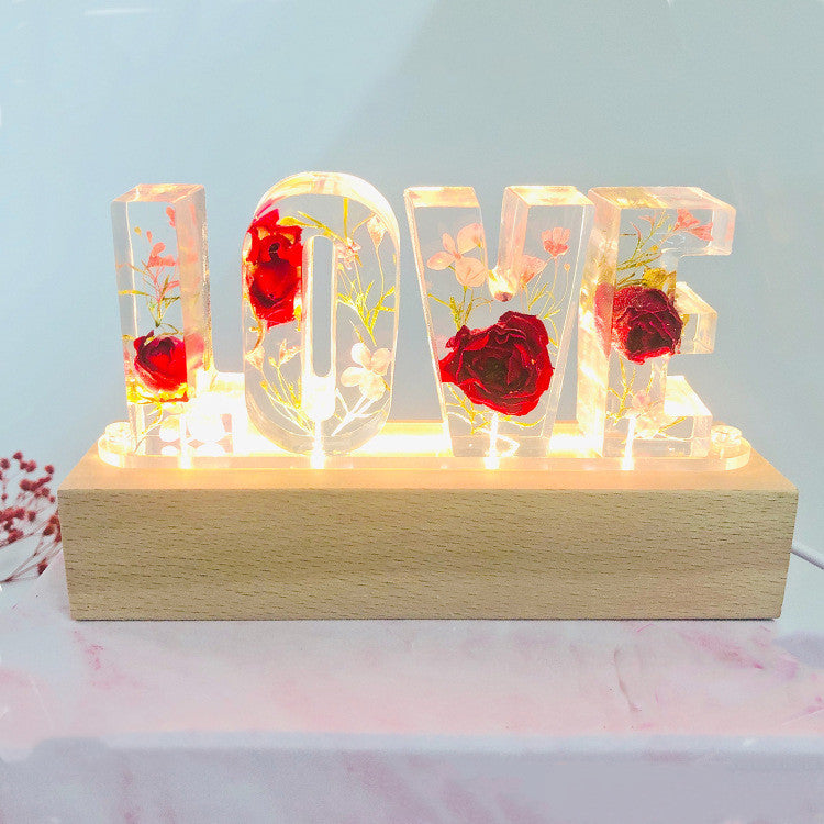 Lámpara de mesa con letras de amor, luz nocturna creativa con flores secas