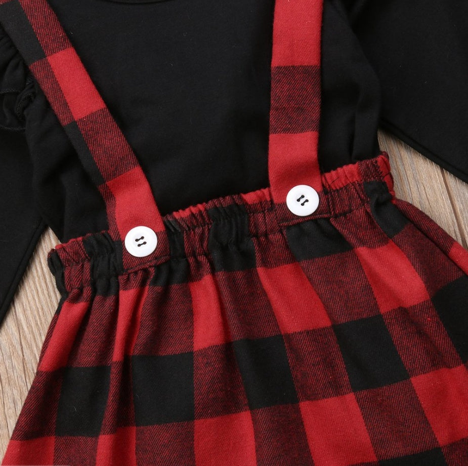 Plate-forme de commerce extérieur, nouvelle taille pour filles, robe noire à manches longues et bretelles à carreaux, ensemble deux pièces, vente en gros d'usine