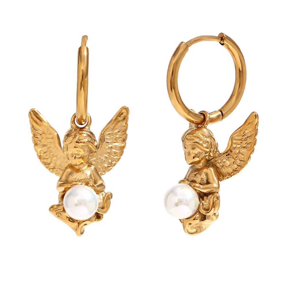 Collier élégant Vintage en acier titane plaqué or 18 carats, Mini collier d'ange en perles, boucles d'oreilles
