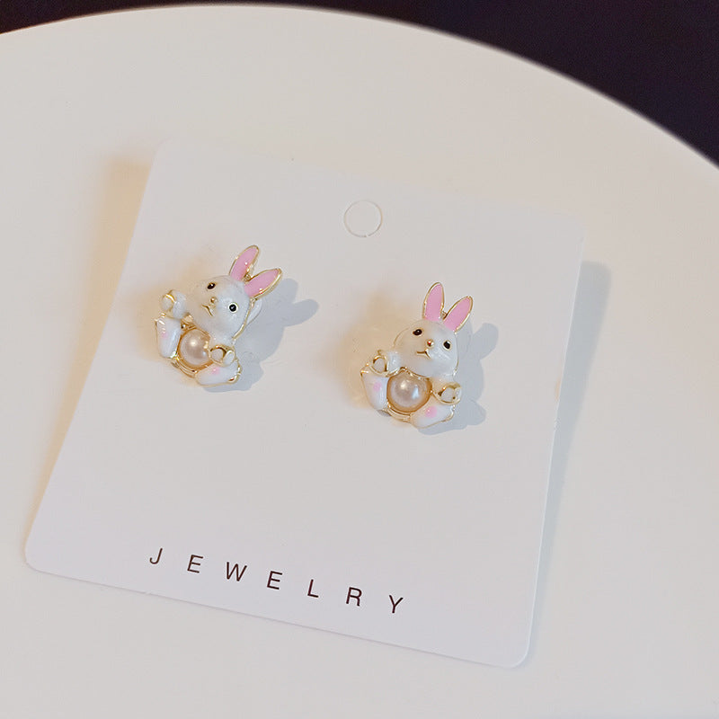 Boucles d'oreilles à tige en forme de lapin doux et mignon, aiguille en argent 925