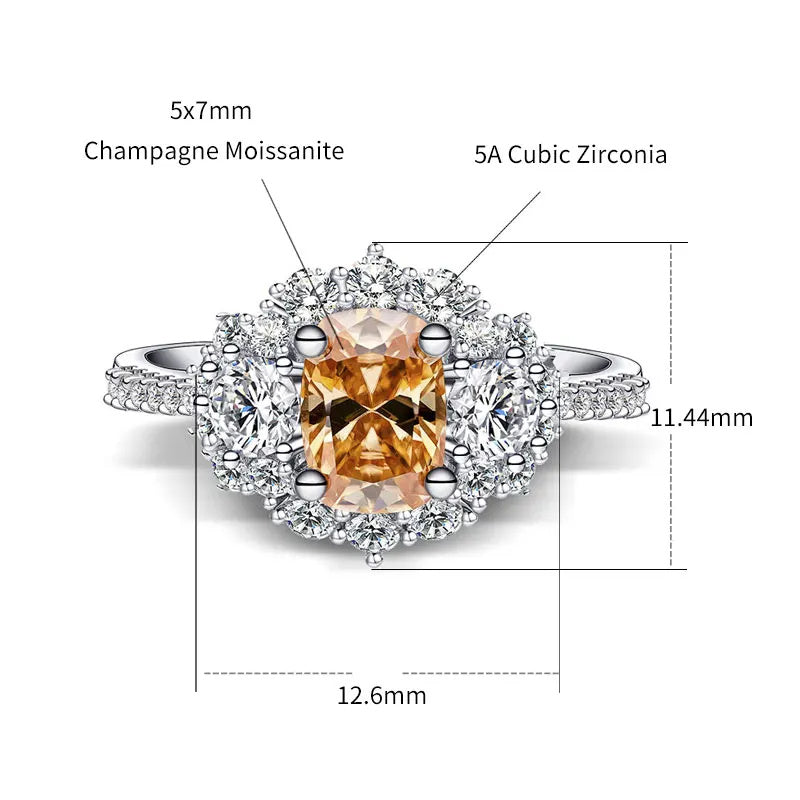Bague pour femme en argent Moissanite Champagne S925 plaqué or 18 carats