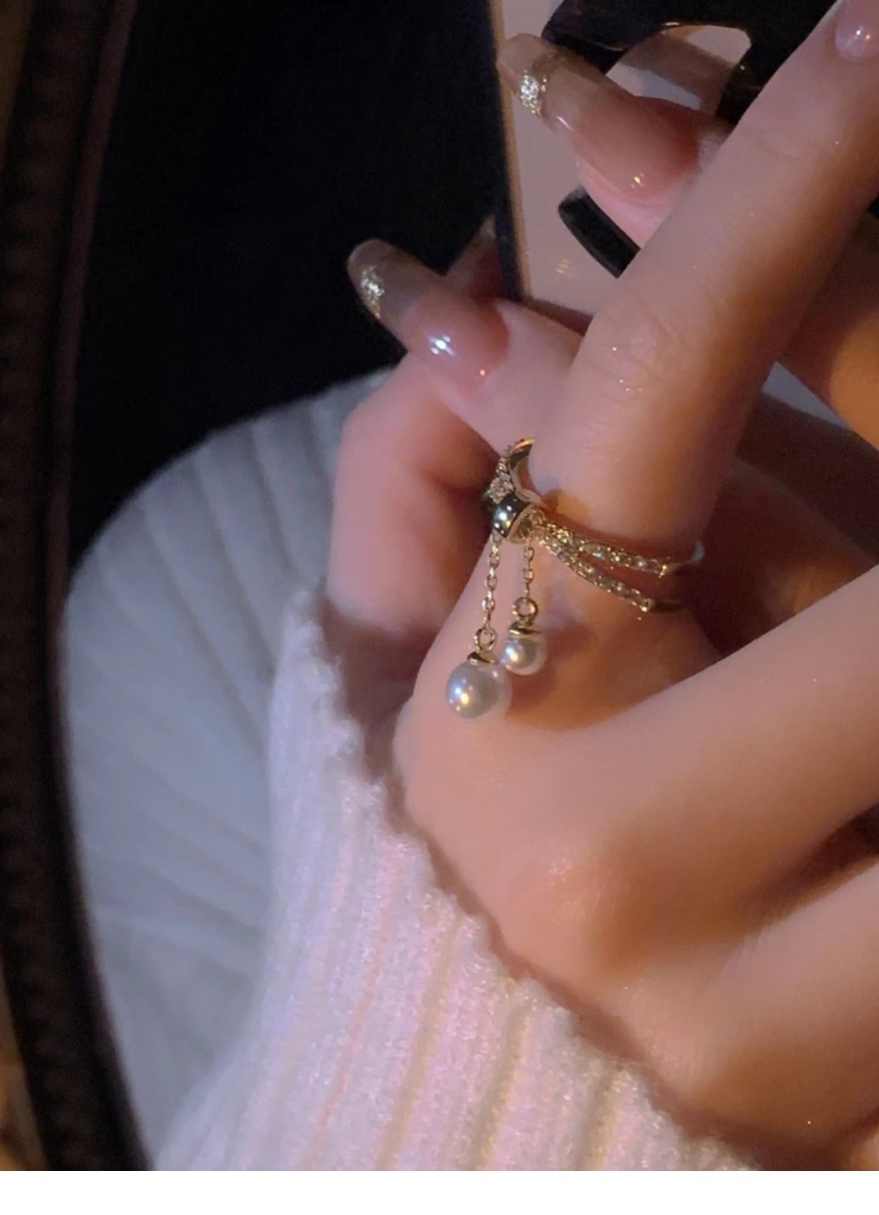 Anillo de doble capa con borla de circón y perla barroca galvanizada