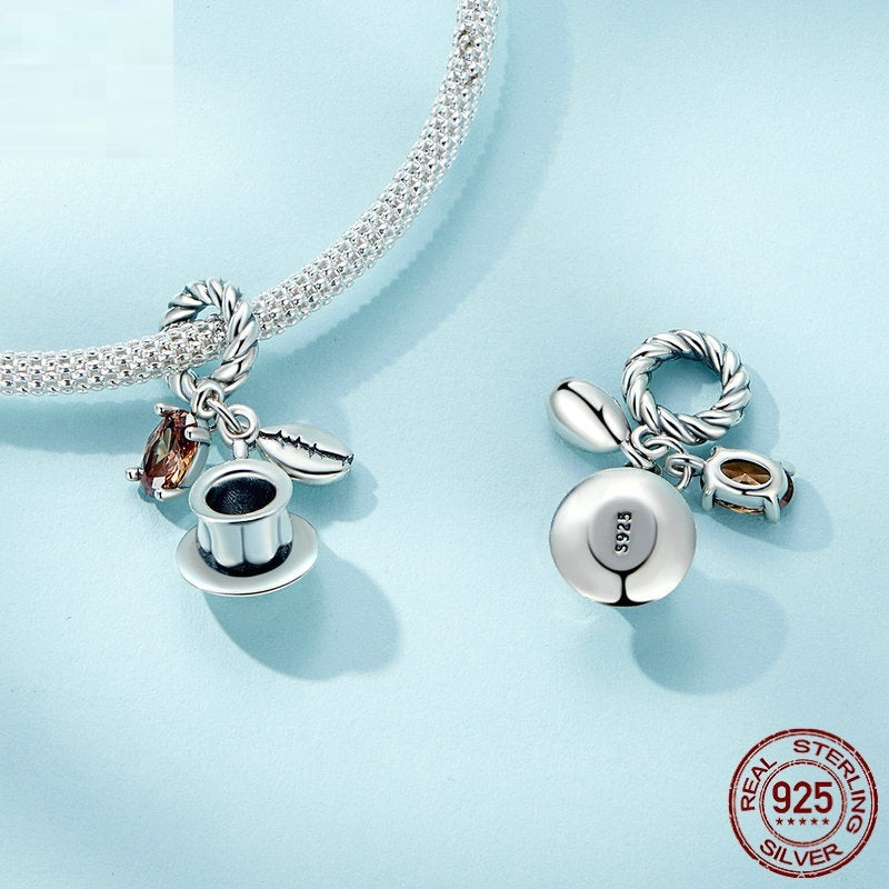 Pendentif tasse à café moka en argent sterling S925, perles pendantes, ornement