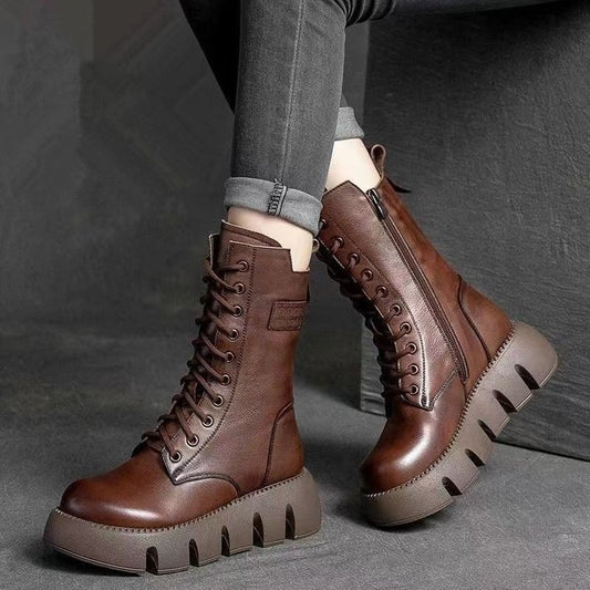 Botas retro para mujer Zapatos con cordones Otoño e invierno Botas británicas con hebilla alta versátiles
