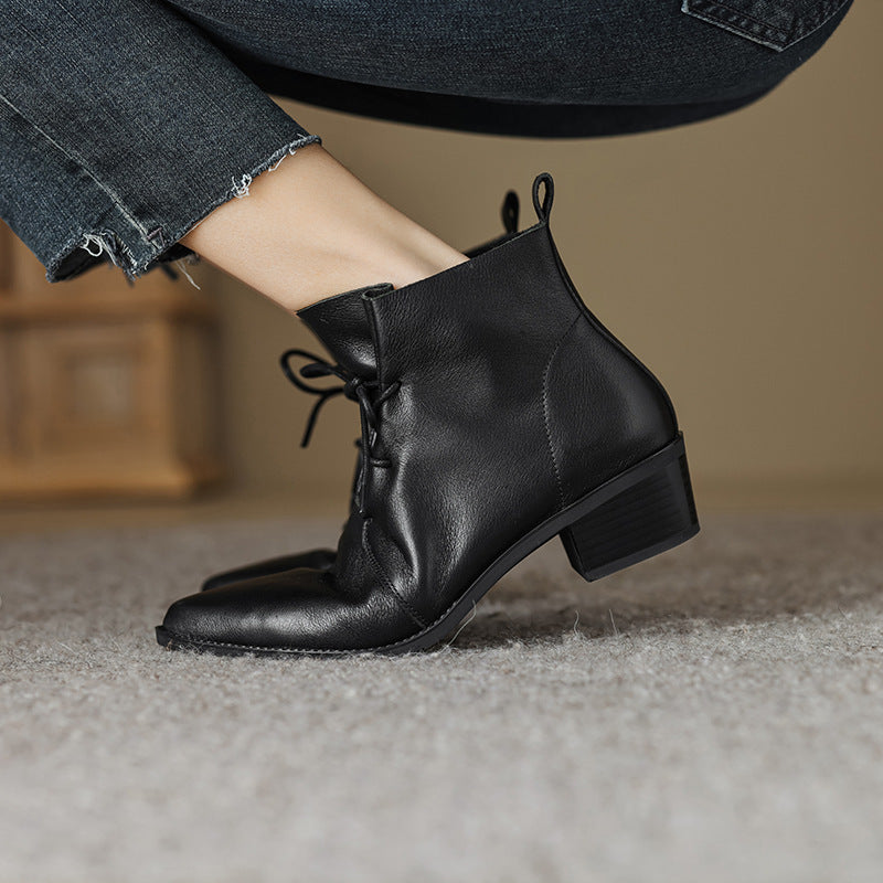 Bout pointu dentelle talon épais talon moyen cuir de vache bottes martin