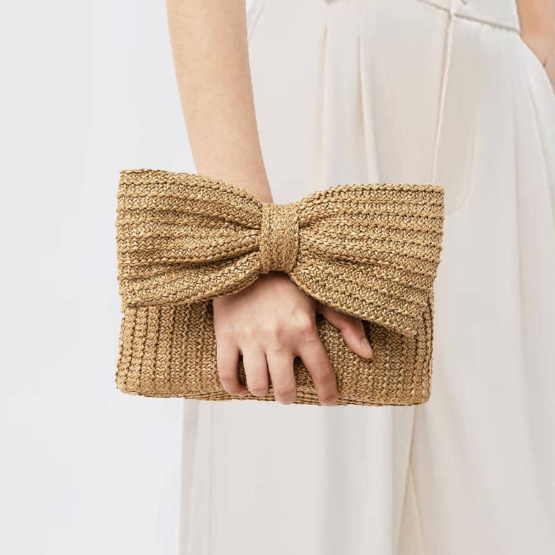 Sac à main minimaliste en paille avec nœud papillon pour femmes