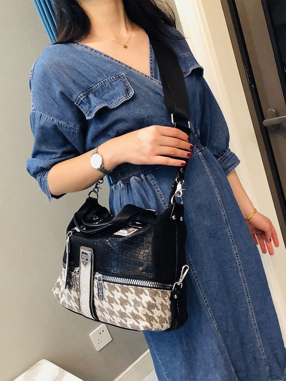 Sac à bandoulière de grande capacité de couleur contrastée pied-de-poule pour femme