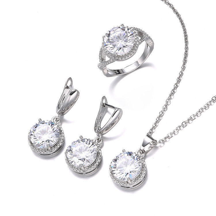 Women's Zircon Necklace Earring Ring Three-piece Set Simple Round