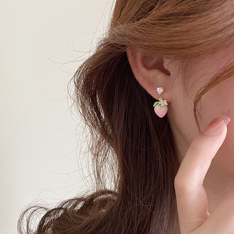Boucles d'oreilles en argent plaqué or véritable, strass, Zircon, peinture en aérosol, amour fraise
