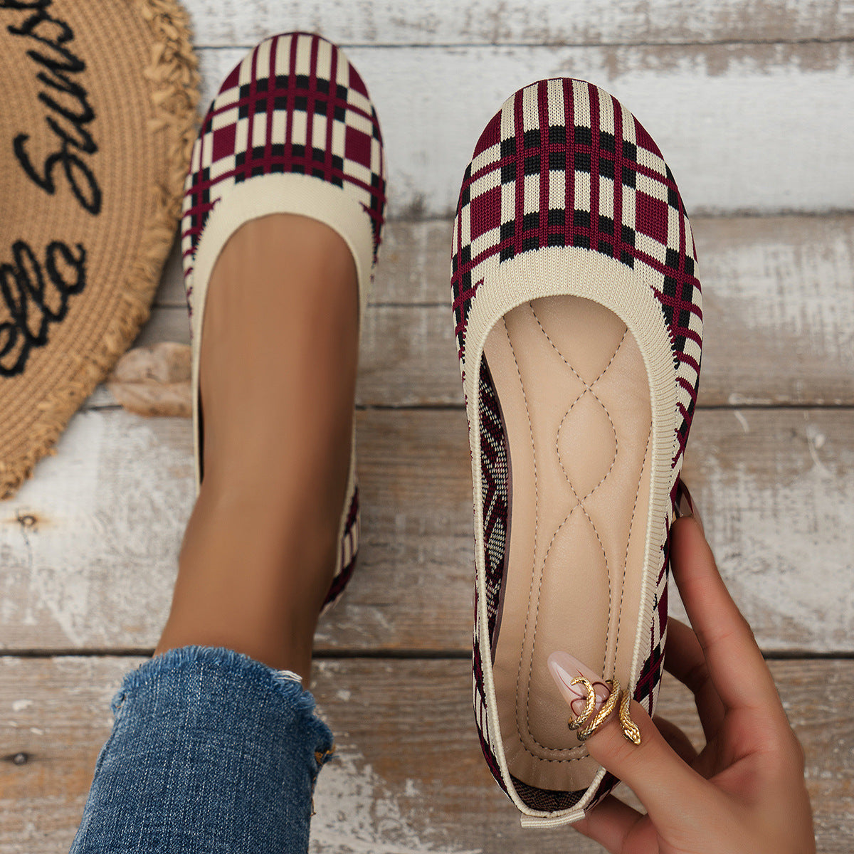 Chaussures plates imprimées à carreaux pour femmes, nouvelle mode, décontractées, respirantes, à enfiler, bout rond, en maille