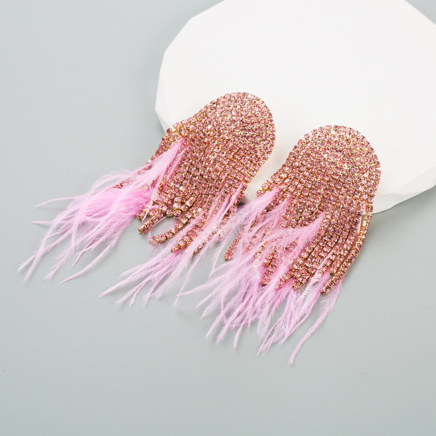 Feather Female Baroque Style Diamond Claw Chain Earrings
