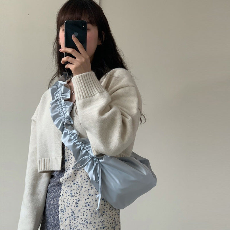 Aisselles Satin polyvalent décontracté plissé dentelle cordon conception grande capacité sac à bandoulière